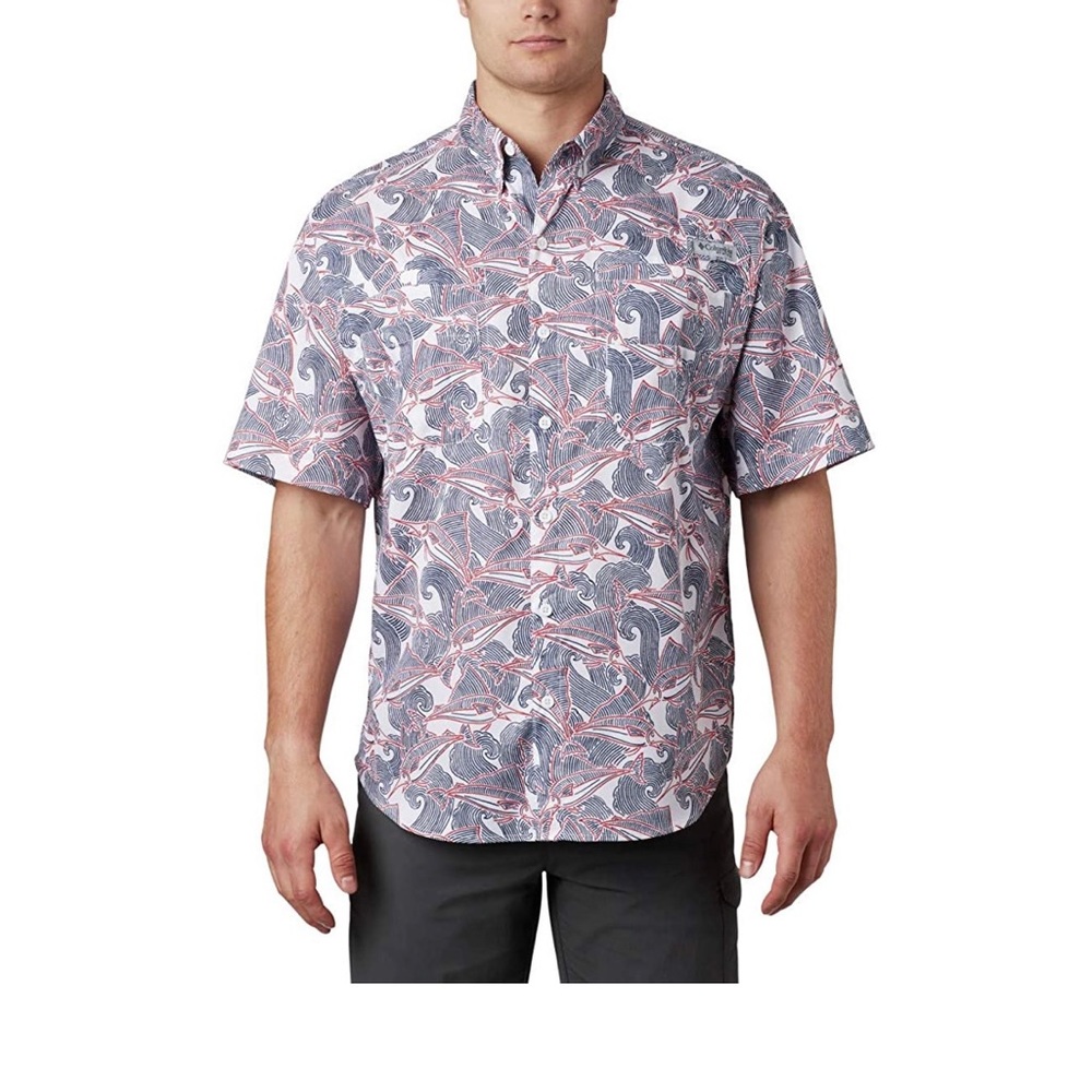 Columbia Men’s PFG Super Tamiami Fish Wave Red/White/Blue Short-Sleeve Shirt XL